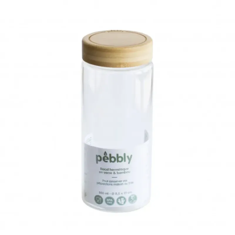Conservation*PEBBLY Boîte de Conservation en Verre et Bambou Rond 850 ml