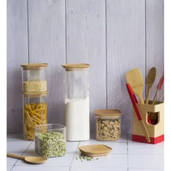 Conservation*PEBBLY Boîte de Conservation en Verre et Bambou Carré 2,2 L