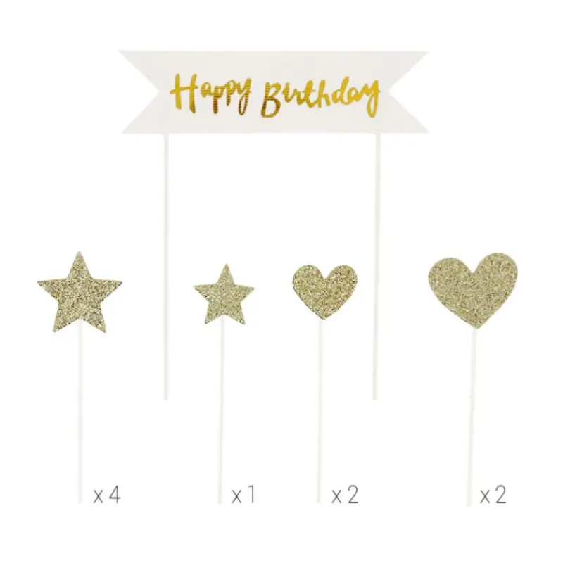 Décoration Gâteau*PATISDECOR Cake Topper Happy Birthday Cœurs et Étoiles Dorés (x10) Patisdécor