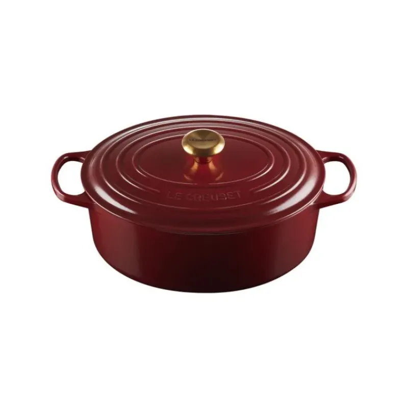 Cocotte En Fonte*LE CREUSET Cocotte en Fonte Ovale 31 cm Garnet Bouton Doré Signature