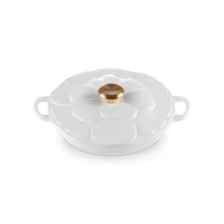 Faitout*LE CREUSET Faitout Fonte Émaillée Pétales Blanc avec Bouton Doré 26 cm