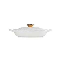 Faitout*LE CREUSET Faitout Fonte Émaillée Pétales Blanc avec Bouton Doré 26 cm